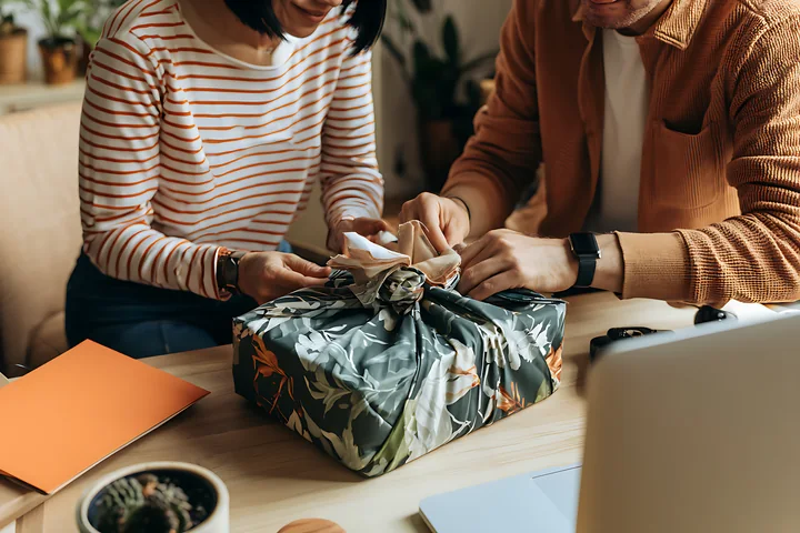 Two family members fold reusable fabric gift wrap around a present at a wooden table.