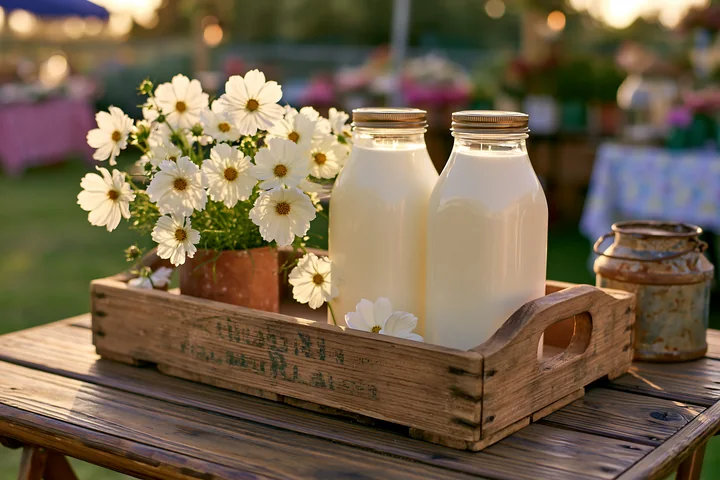 Two glass milk bottles are placed next to a flower arrangement on a wooden market table.