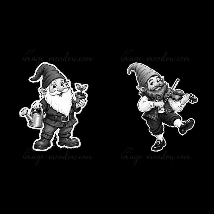 Two gnomes are featured in a monochrome design. One gnome holds a watering can with a small plant, and the other plays a violin happily. They showcase a playful