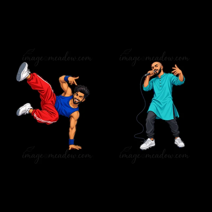 Two hip-hop artists are shown in action. One breaks dancing with his hand on the ground, while the other sings into a microphone. The scene features bright colo