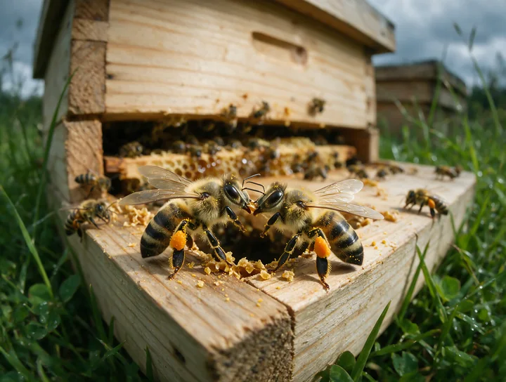 Two honey bees are seen interacting near a bee hive filled with honeycomb.