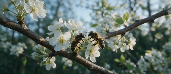 Two honey bees interact with each other on a branch surrounded by white blossoms in a natural setting.