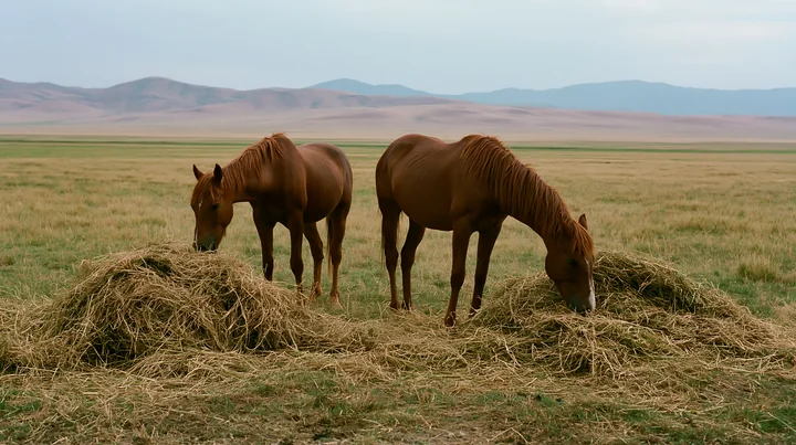Two horses are eating hay in a grassy field under a cloudy sky.