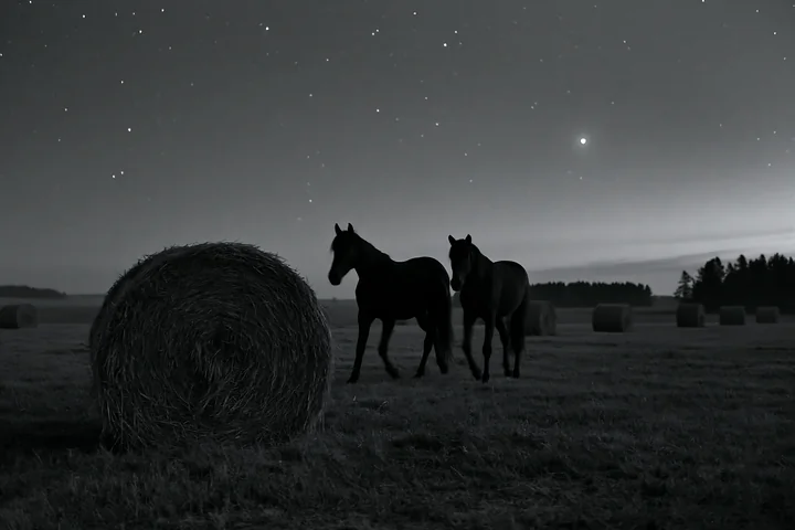 Two horses move across a field under a starry sky at night, with a round hay bale nearby.