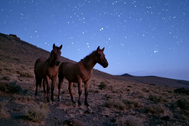 Two horses stand in a desert area under a clear night sky filled with stars.