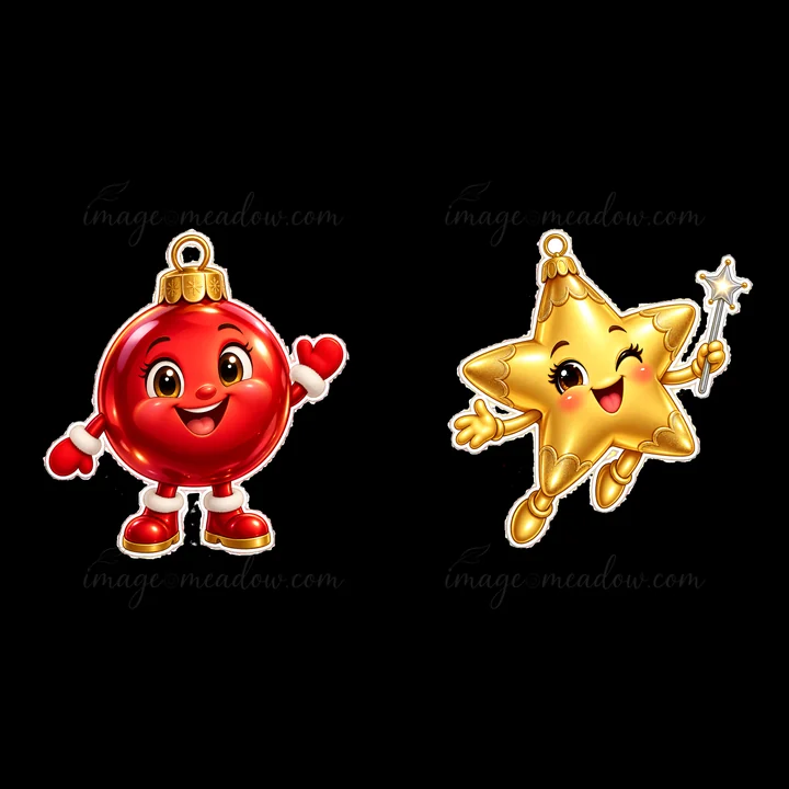 Two cartoon Christmas ornaments are shown. The left ornament is a red round ball with a smiling face and arms. The right ornament is a gold star with a happy expression and a magic wand, ready for festive celebrations.