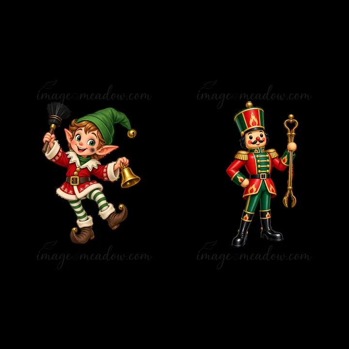 A cheerful elf with a bell and broom stands on the left, while a nutcracker soldier holding a staff appears on the right. Both characters have bright colors and festive attire, perfect for holiday designs.