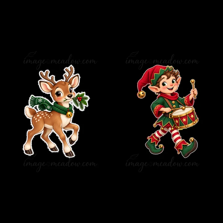 A reindeer walks proudly with a holiday ornament and a green scarf. An elf beside it plays a drum while wearing a festive outfit with a hat. Both characters are cheerful, embracing the Christmas spirit.