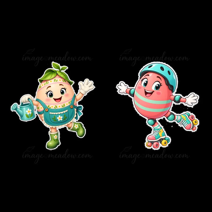 Two cartoon Easter egg characters are engaged in playful activities. One character holds a watering can while wearing gardening attire. The other character is roller skating, showcasing vibrant colors.