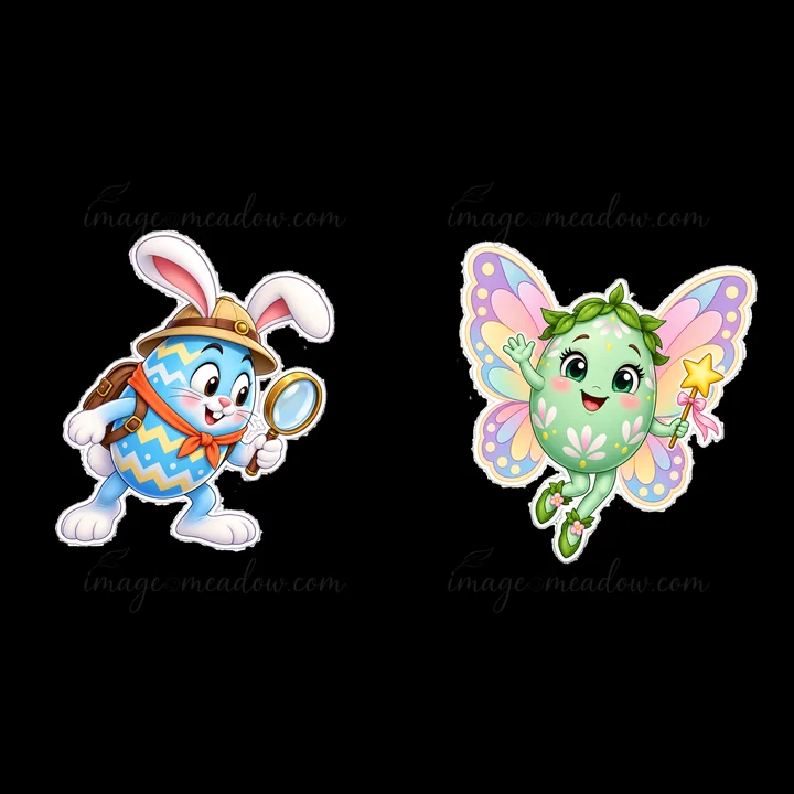 A cartoon bunny in a blue striped egg costume holds a magnifying glass. Beside it is a green egg with butterfly wings and a wand. Both characters are colorful and whimsical, designed for Easter themes.