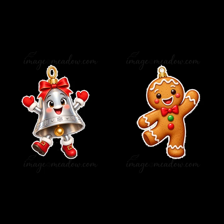A smiling bell with red gloves and a bow dances next to a cheerful gingerbread man with colorful buttons. These playful ornaments are perfect for adding a festive touch to holiday decorations.