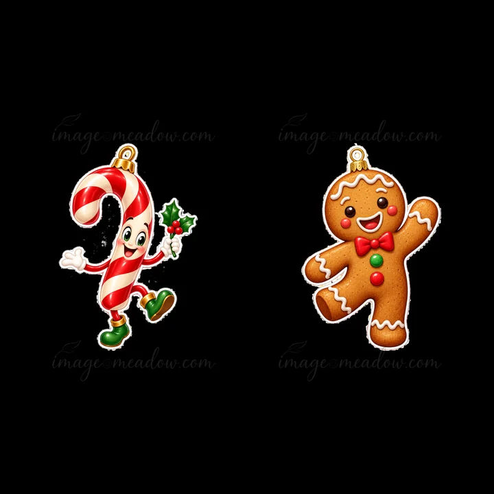 A candy cane character holds holly while joyfully dancing next to a smiling gingerbread man ornament. Both are colorful and cheerful, ideal for Christmas decoration.
