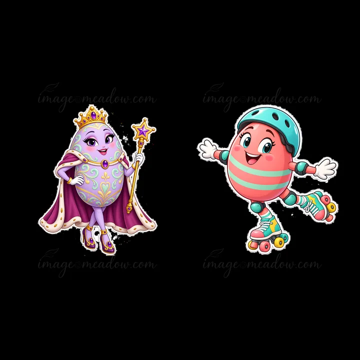 Two cartoon characters are featured celebrating Easter. The left character is a crown-wearing egg holding a star wand. The right character is a colorful egg on roller skates, smiling and having fun.