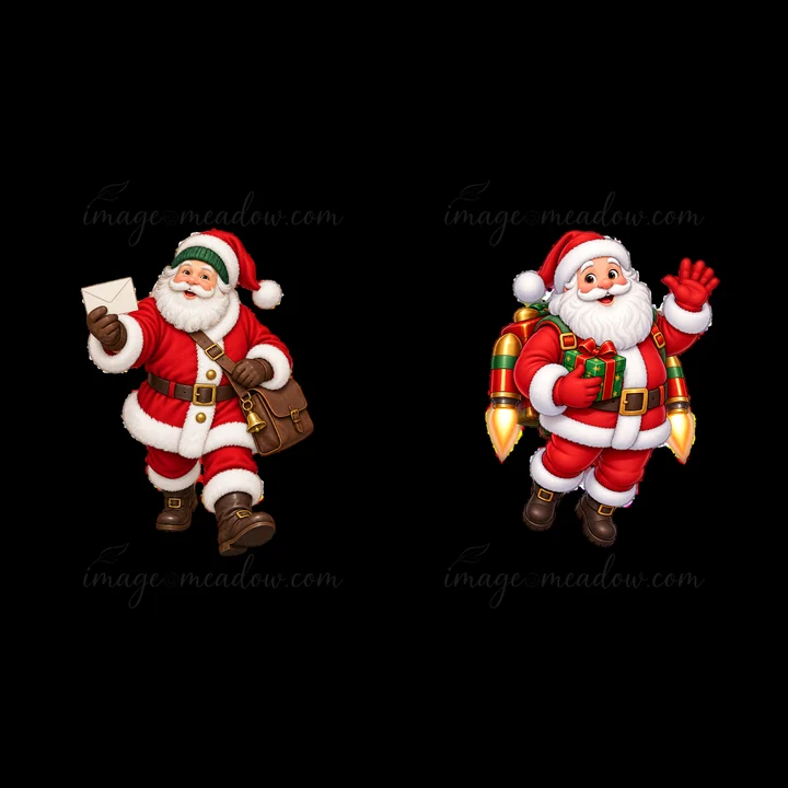 Two Santa Claus characters are featured. One Santa walks while holding a letter and a bag. The other flies with a jetpack carrying a gift. Both have classic red suits and white beards.