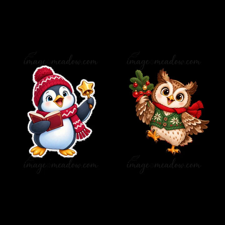A cheerful penguin holds a bell and a songbook, singing carols. Alongside, an owl clad in a sweater holds a sprig of holly. Both are in a festive setting for Christmas.