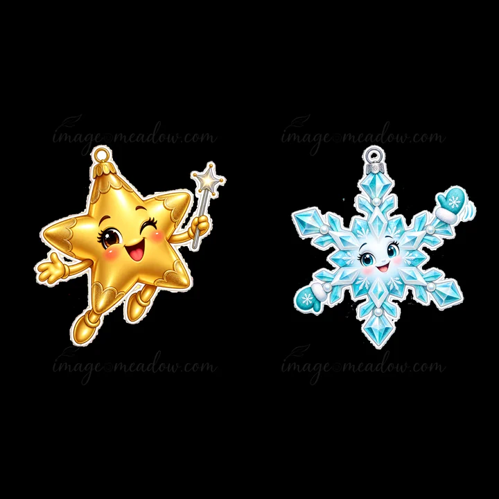 A cheerful star holds a wand and winks. Next to it, a friendly snowflake spins with a smiling face. These colorful ornaments bring joy for holiday decorations during the Christmas season.