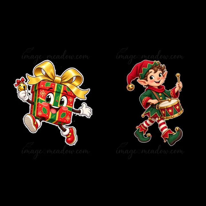 A cheerful gift with a gold bow and jingle bell dances alongside an elf wearing a red hat and playing a drum. Both characters celebrate the joy of Christmas with bright colors and playful expressions.