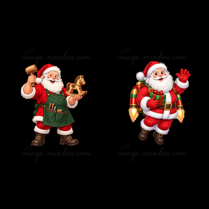 One Santa Claus holds a wooden horse toy and a hammer. Another Santa dons a jetpack and carries gifts. Both Santa figures are cheerful, ready for the holiday season.