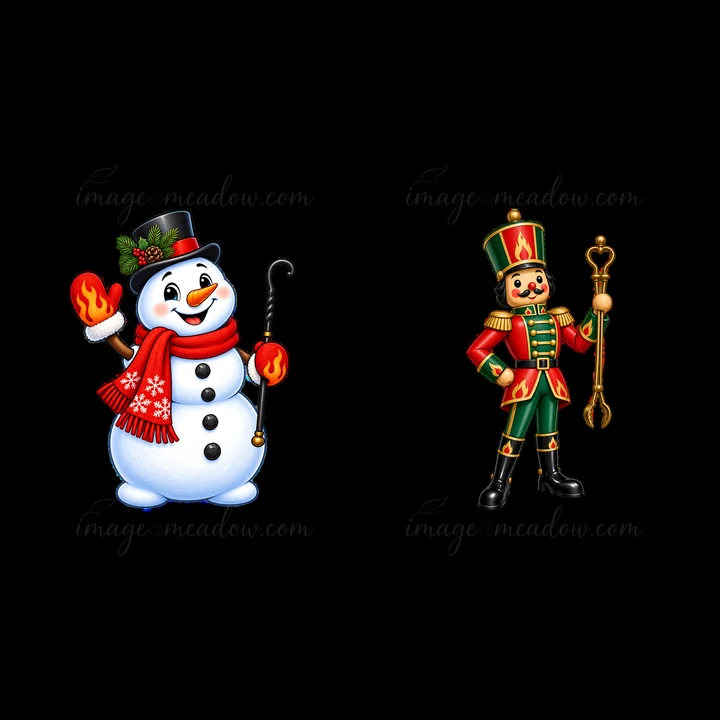 A snowman wearing a black hat and red scarf holds a flaming mitten on the left. A nutcracker soldier in green and red stands on the right, holding a gold key, perfect for seasonal decorations.