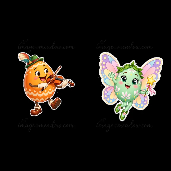 A cartoon illustration shows a cheerful orange egg playing a violin while a green egg with butterfly wings joyfully floats nearby. Both eggs are decorated for Easter and have happy expressions.