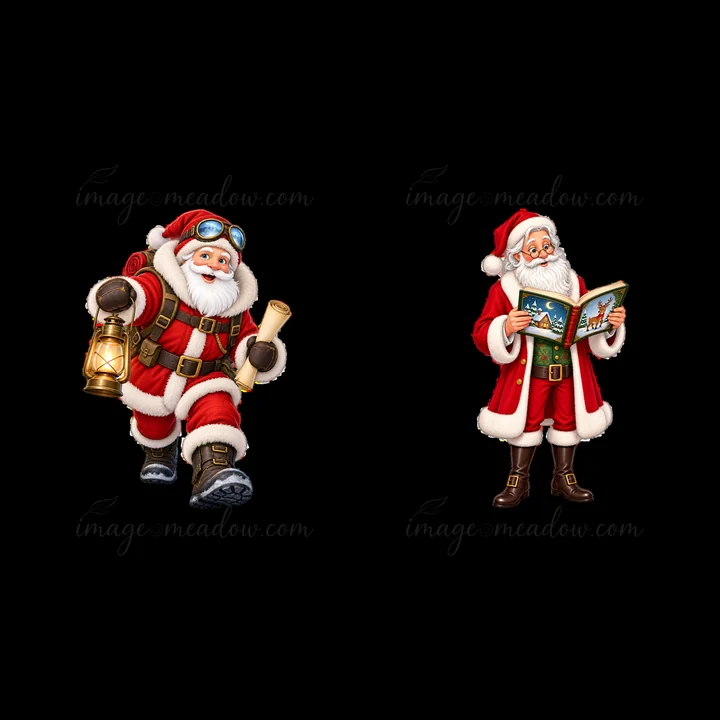 Two Santa Claus characters are shown. One carries a lantern and a scroll, while the other holds an open book. They wear traditional red suits with white trim. The scene conveys holiday cheer.