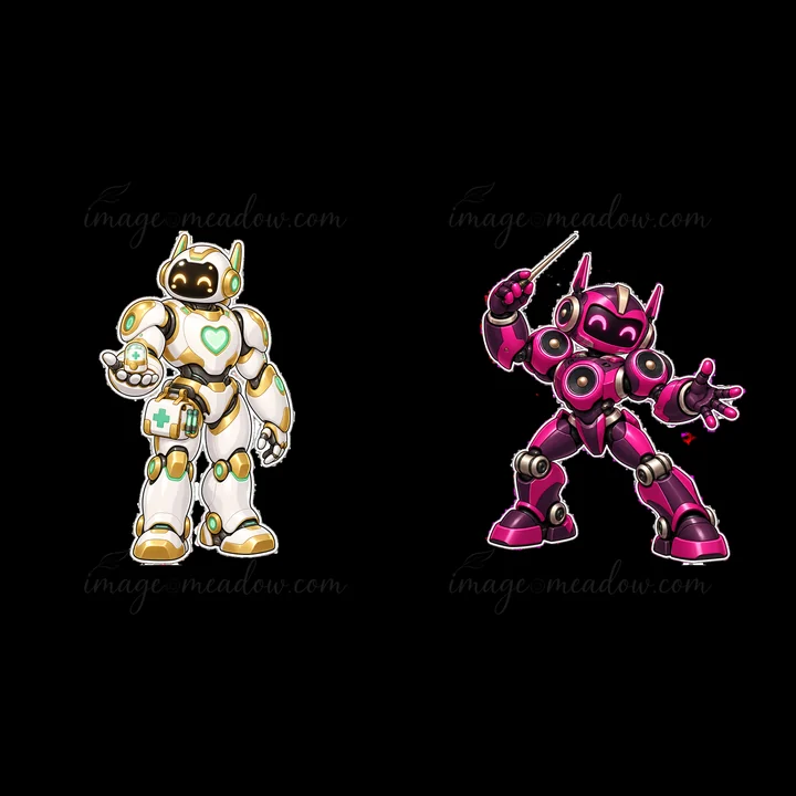 Two mech robots stand side by side. The first robot is white with green accents and a medical symbol. The second robot is pink with bold black details and a too