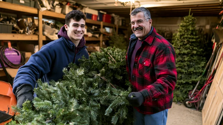 Two men carry a Christmas tree through a garage filled with holiday decorations and household items.