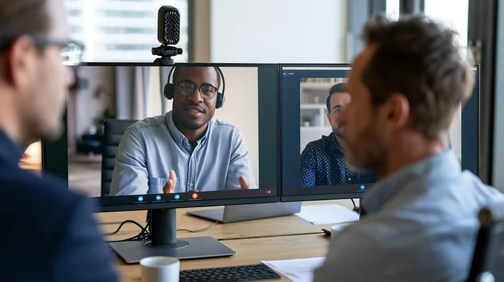 Two men conduct a remote business interview through dual computer monitors in an office.