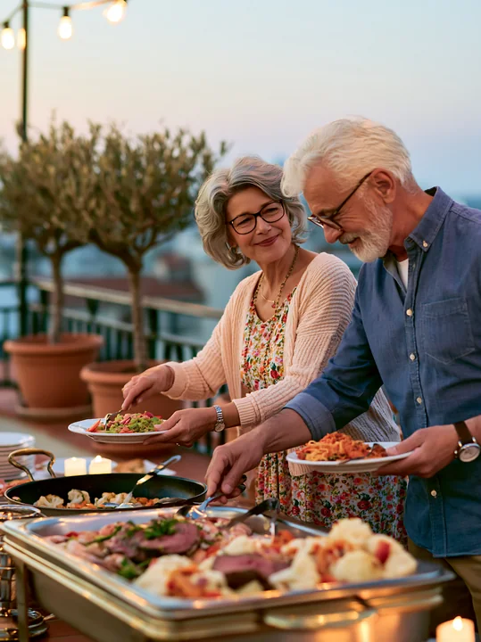 Two older adults serve themselves from a buffet during a rooftop dinner at sunset.