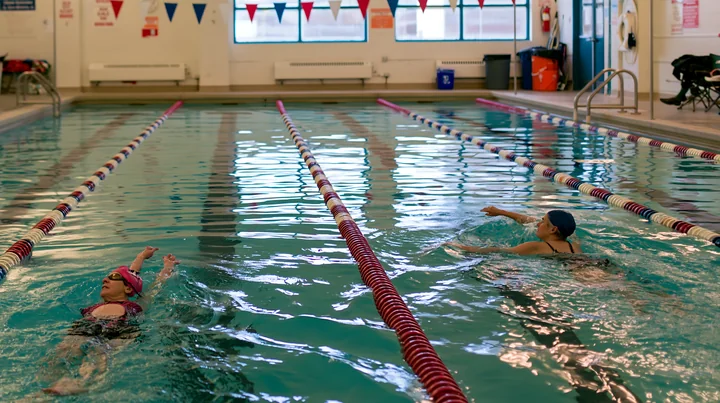 Two older adults swim in adjacent lanes of a bright indoor swimming pool.