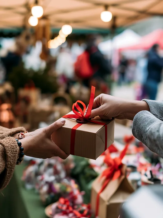 Two pairs of hands tie a red ribbon around a kraft gift box at a festive market.
