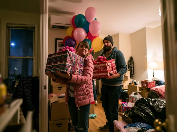 Two parents carry colorful decorated gift boxes through a warmly lit home filled with balloons.