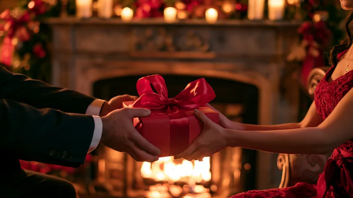 Two people exchange a red wrapped gift with only their hands visible beside a glowing fireplace.