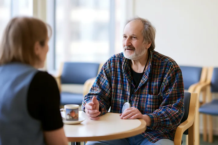 Two people talk at a round table in a cozy indoor setting, with warm light coming in.