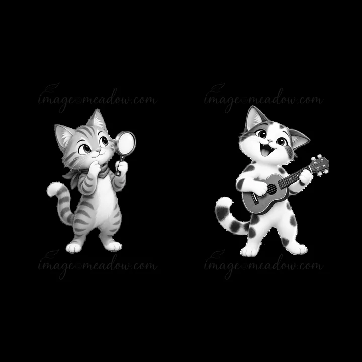 Two cartoon cats stand side by side. One cat holds a magnifying glass, while the other plays a guitar. They share a cheerful vibe in a light-hearted scene that