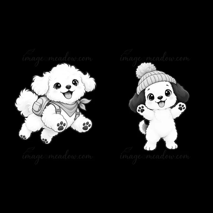 Two cartoon dogs are shown in a lively pose. One dog wears a backpack while the other wears a knitted hat. This playful scene captures their joyful expressions