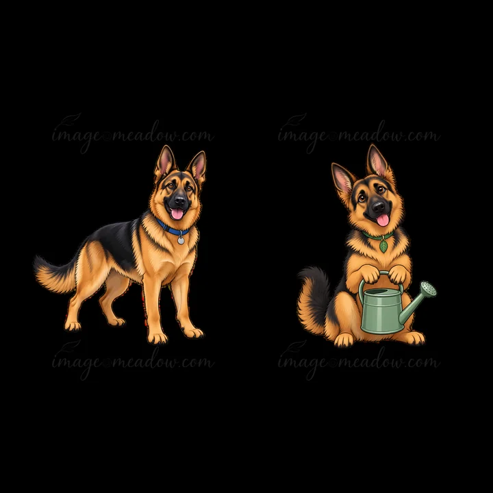 Two cartoon German Shepherd dogs are depicted. One stands happily, while the other sits with a watering can. Both dogs have black and tan fur and show joyful ex
