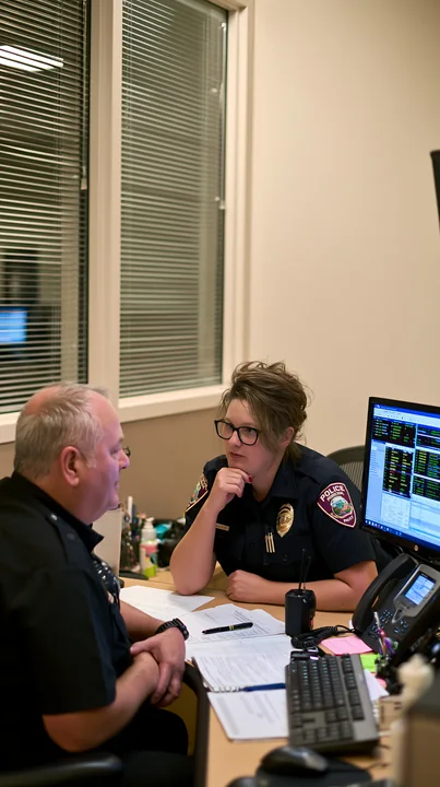 Two police officers are seated at a desk with computers, engaged in discussion about workplace harassment policy.