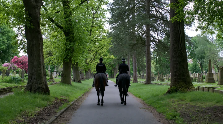 Two police officers on horseback patrol a tree-lined path in a cemetery with green grass, tombstones, and nearby blooming flowers.