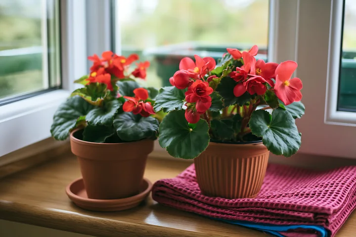 Two pots of begonia flowers on a wooden balcony ledge attract attention.