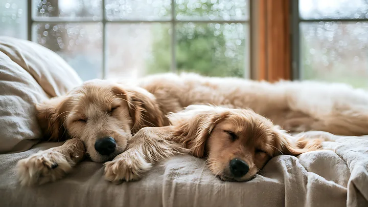 Two puppies sleep peacefully on a linen blanket in soft window light.
