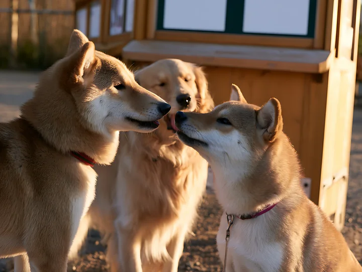 Two Shiba Inus greet each other near a park entrance while a golden retriever watches.