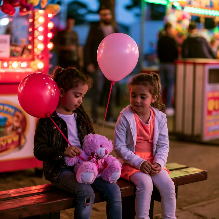 Two siblings sit on a bench holding balloons at a vibrant fairground during the evening.