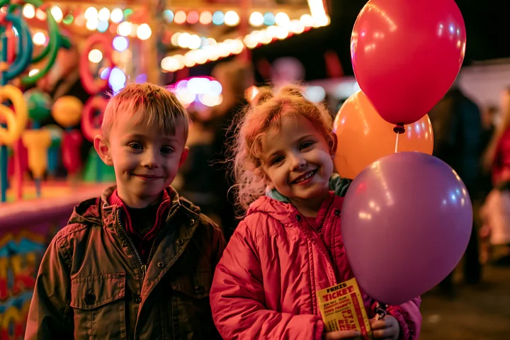 Two siblings smile while holding colorful balloons at a fairground.
