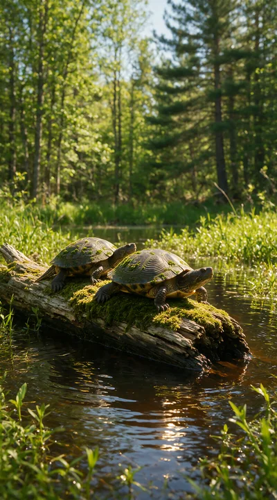 Two turtles rest on a moss-covered log above a woodland pond surrounded by sunlit trees.