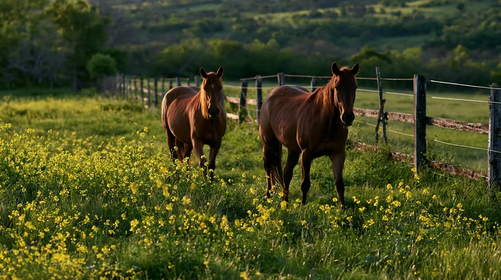 Two wild horses walk through a vibrant field filled with spring flowers under soft natural light.