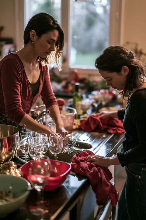 Two women are cleaning up the kitchen after a holiday gathering, washing dishes and wiping down surfaces.