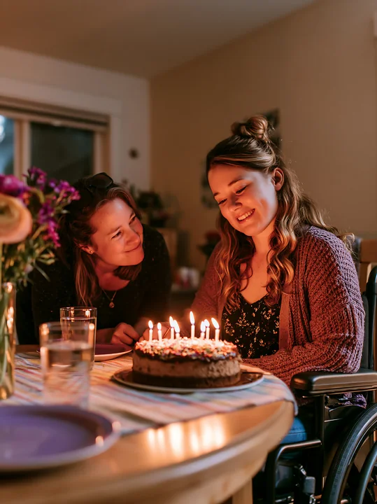 Two women light candles on a decorated birthday cake at a warmly lit dining table.