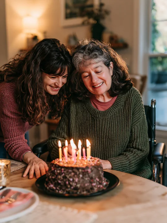 Two women smile beside a decorated birthday cake while candles are being lit at a dining table.