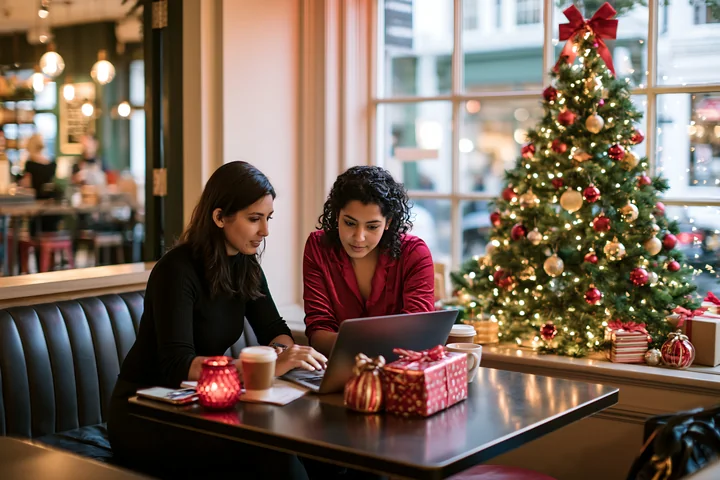 Two women work together at a coffee shop table beside a decorated Christmas tree and wrapped gifts.